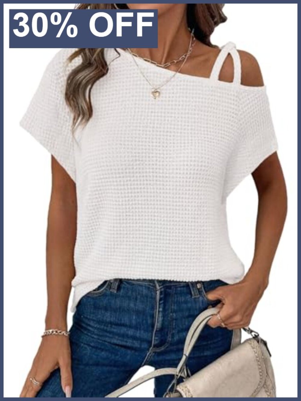 Women's Waffle Knit One Shoulder Short Sleeve Tee Summer Trendy Casual Top